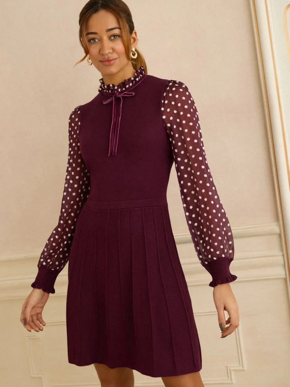 Jurken|Love & Roses - Frill Neck Chiffon Sleeve Knitted Mini Dress Bordeauxrood
