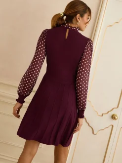 Jurken|Love & Roses - Frill Neck Chiffon Sleeve Knitted Mini Dress Bordeauxrood