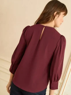 Blouses En Overhemden|Tops En T-Shirts|Love & Roses - 3/4 Sleeve Scallop Detail Blouse Bordeauxrood