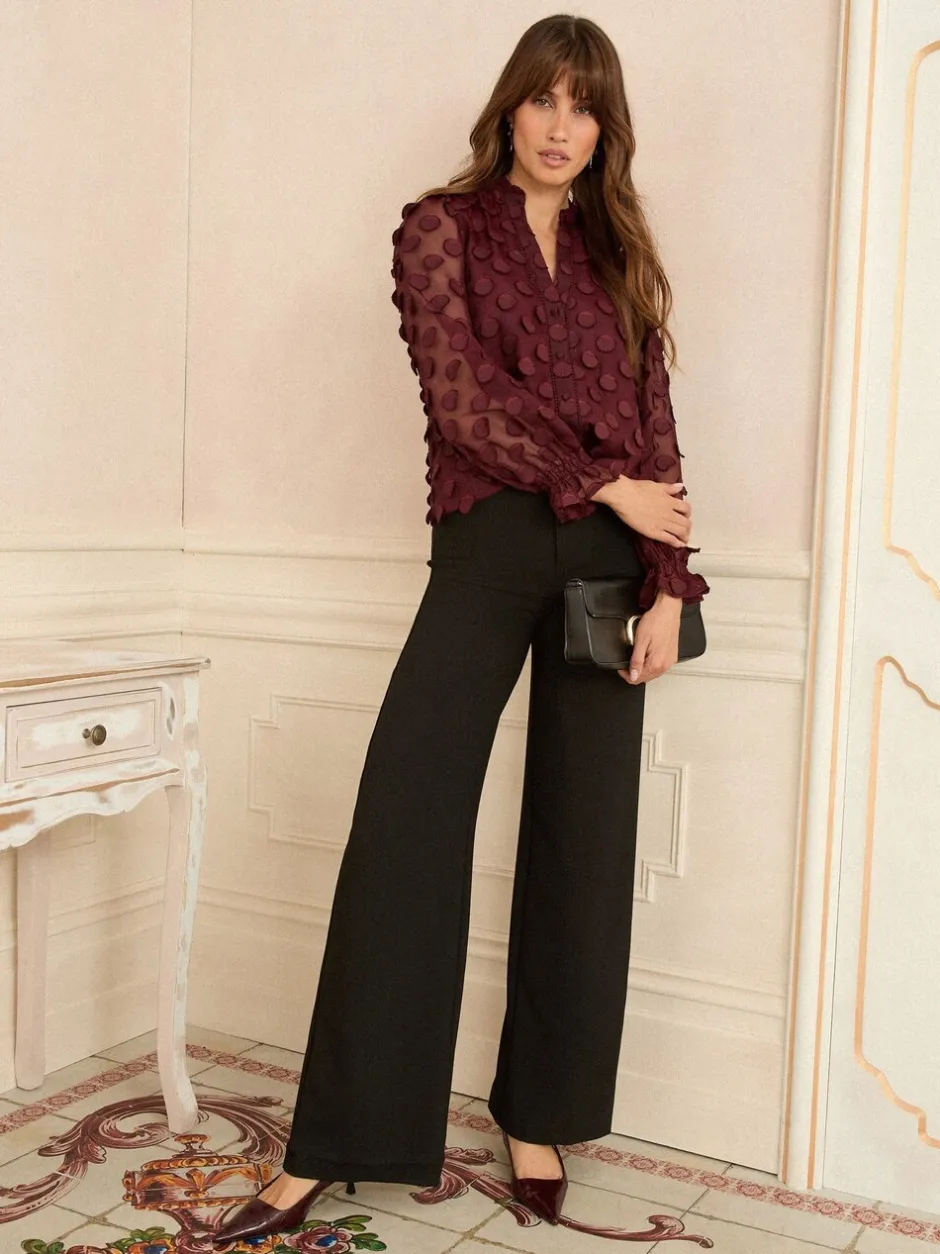 Blouses En Overhemden|Tops En T-Shirts|Love & Roses - 3D blouse met lange mouwen en stippen Bordeauxrood