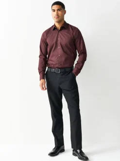 Shirts|Next Bordeauxrood - Normale Pasvorm - Onderhoudsvriendelijk, getextureerd, slim fit overhemd met enkele manchet