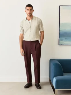 Formele Broek|Next Bordeauxrood - Regular fit wollen mix Broeken met linnen en functionele zijverstellers
