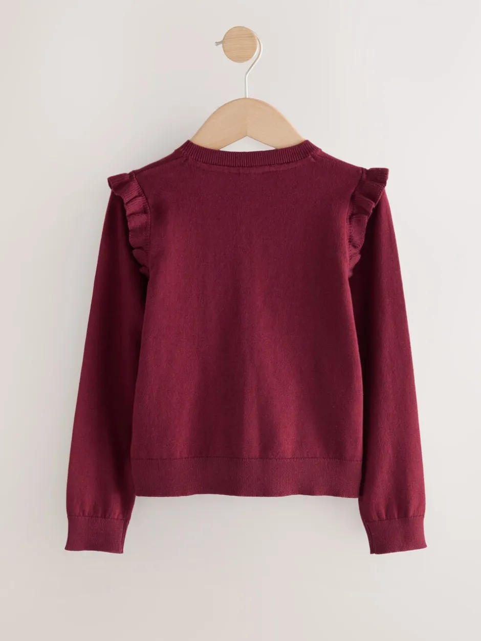 Schoolkleding|Gebreide Kleding*Next Bordeauxrood - Schoolvest met hoog katoengehalte en ruches op de schouders (3-16 jr)