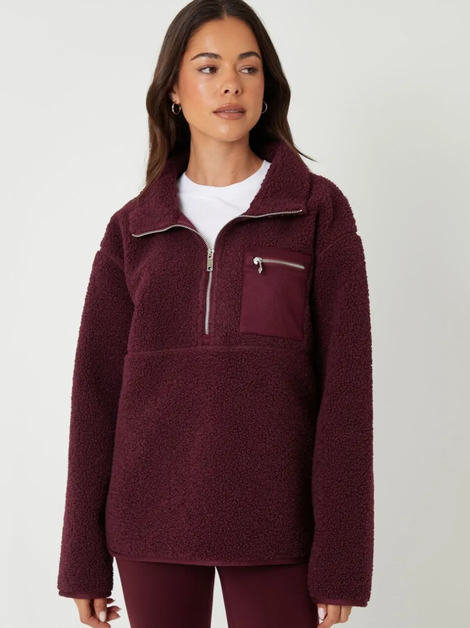 Hoody's En Sweatshirts|Threadbare Bordeauxrood - borgfleece met korte rits