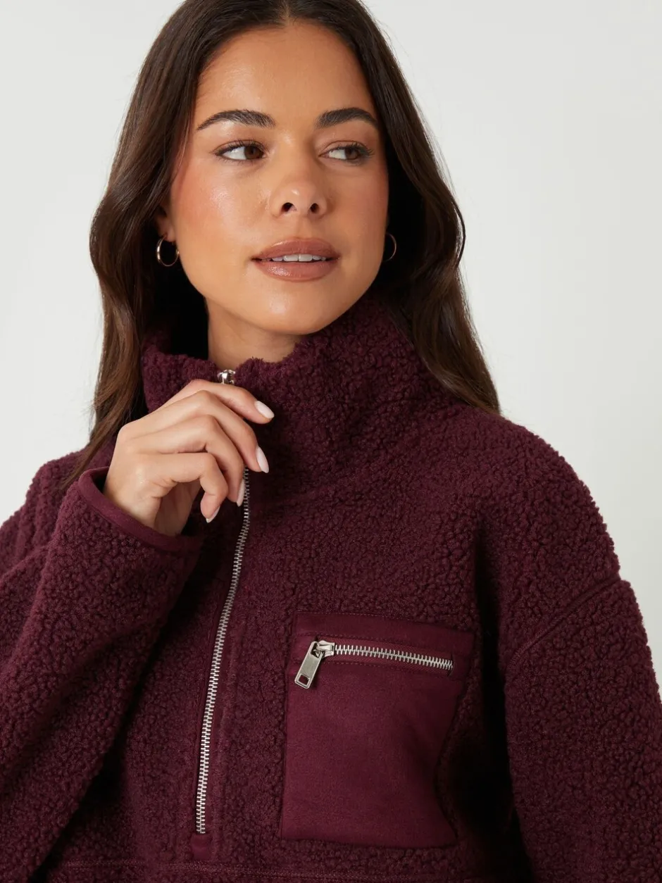 Hoody's En Sweatshirts|Threadbare Bordeauxrood - borgfleece met korte rits