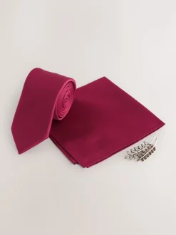 Stropdassen En Pochets|Next - Tie Pocket Square and Brooch Set Bordeauxrood