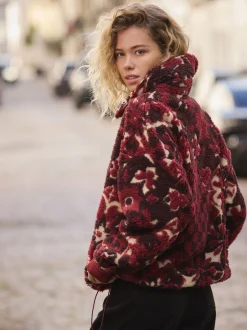 Hoody's En Sweatshirts*Next - Jacquard Teddy Borg Quarter Zip Fleece Sweatshirt Bordeauxrood gebloemd