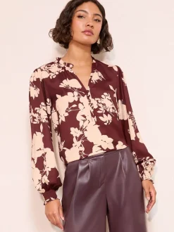 Tops En T-Shirts|Blouses En Overhemden*Friends Like These - blouse met V-hals, knopen en lange mouwen Bordeauxrood met bloemenprint