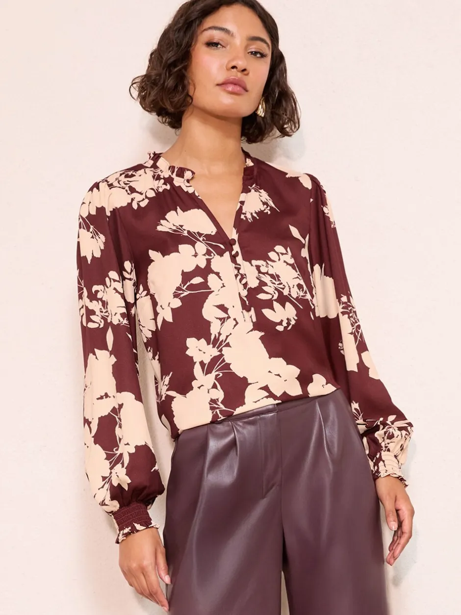 Tops En T-Shirts|Blouses En Overhemden*Friends Like These - blouse met V-hals, knopen en lange mouwen Bordeauxrood met bloemenprint