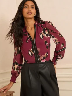 Gelegenheidskleding|Blouses En Overhemden*Love & Roses - Print blouse met inkeping bij de hals en hardware Bordeauxrood met dierenprint