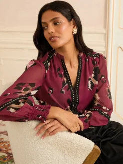 Gelegenheidskleding|Blouses En Overhemden*Love & Roses - Print blouse met inkeping bij de hals en hardware Bordeauxrood met dierenprint