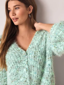 Gebreide Kleding*Next - Fuzzy Texture V-Neck Cardigan Bright Green Neppy