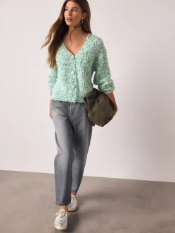 Gebreide Kleding*Next - Fuzzy Texture V-Neck Cardigan Bright Green Neppy