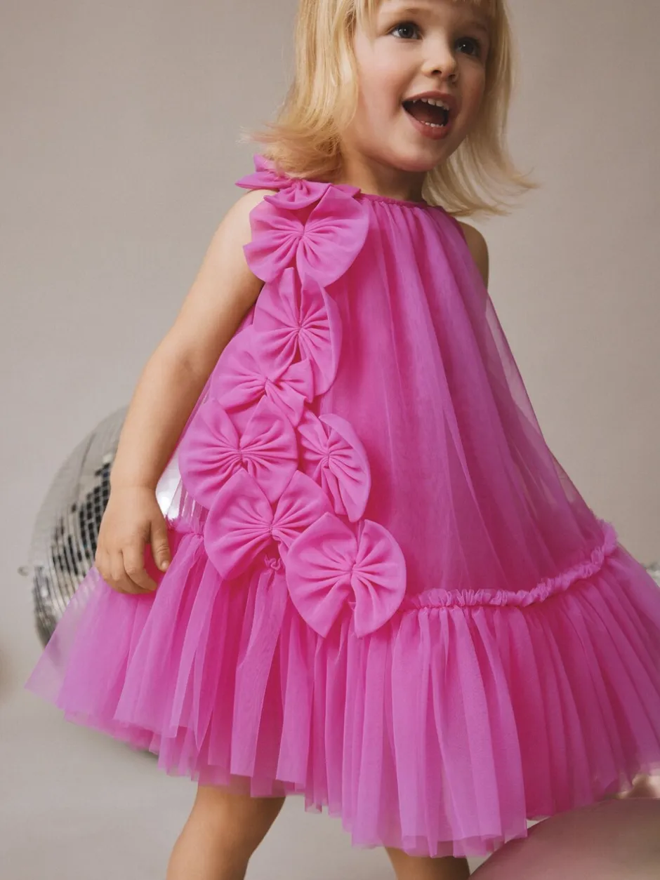 Jurken|Jurken*Next Bright Pink Bows - Mouwloze mesh jurk (3 mnd - 7 jr)