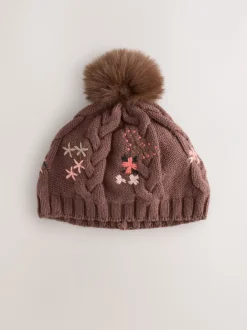 Mutsjes En Antikrabwantjes|Mutsen, Handschoenen En Sjaals*Next Bruin - Baby muts met geborduurde bloemen en pompon (0mnd-2jr)