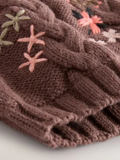 Mutsjes En Antikrabwantjes|Mutsen, Handschoenen En Sjaals*Next Bruin - Baby muts met geborduurde bloemen en pompon (0mnd-2jr)