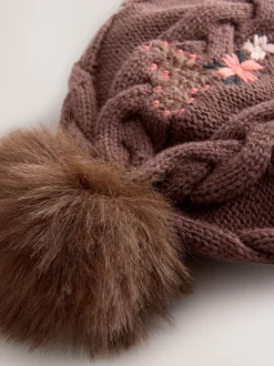 Mutsjes En Antikrabwantjes|Mutsen, Handschoenen En Sjaals*Next Bruin - Baby muts met geborduurde bloemen en pompon (0mnd-2jr)