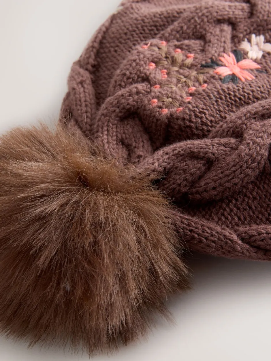Mutsjes En Antikrabwantjes|Mutsen, Handschoenen En Sjaals*Next Bruin - Baby muts met geborduurde bloemen en pompon (0mnd-2jr)