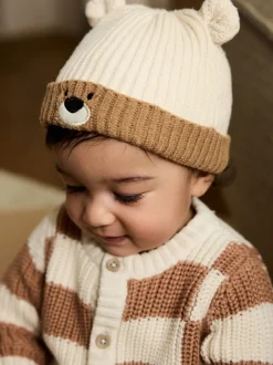 Mutsjes En Antikrabwantjes|Mutsen, Handschoenen En Sjaals*Next Bruin - Bear Face geribbelde Baby Muts (0mnd -2jr)