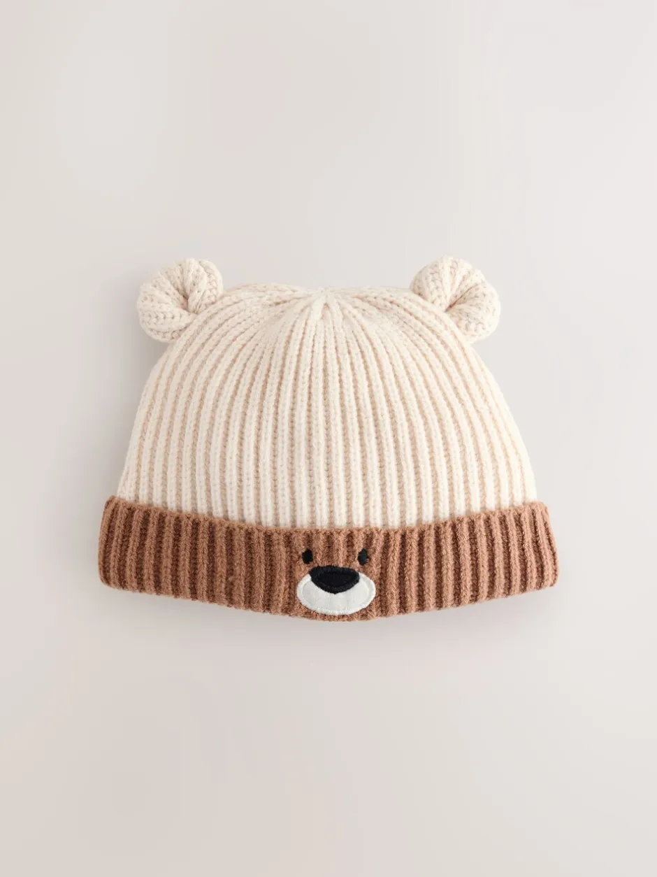 Mutsjes En Antikrabwantjes|Mutsen, Handschoenen En Sjaals*Next Bruin - Bear Face geribbelde Baby Muts (0mnd -2jr)