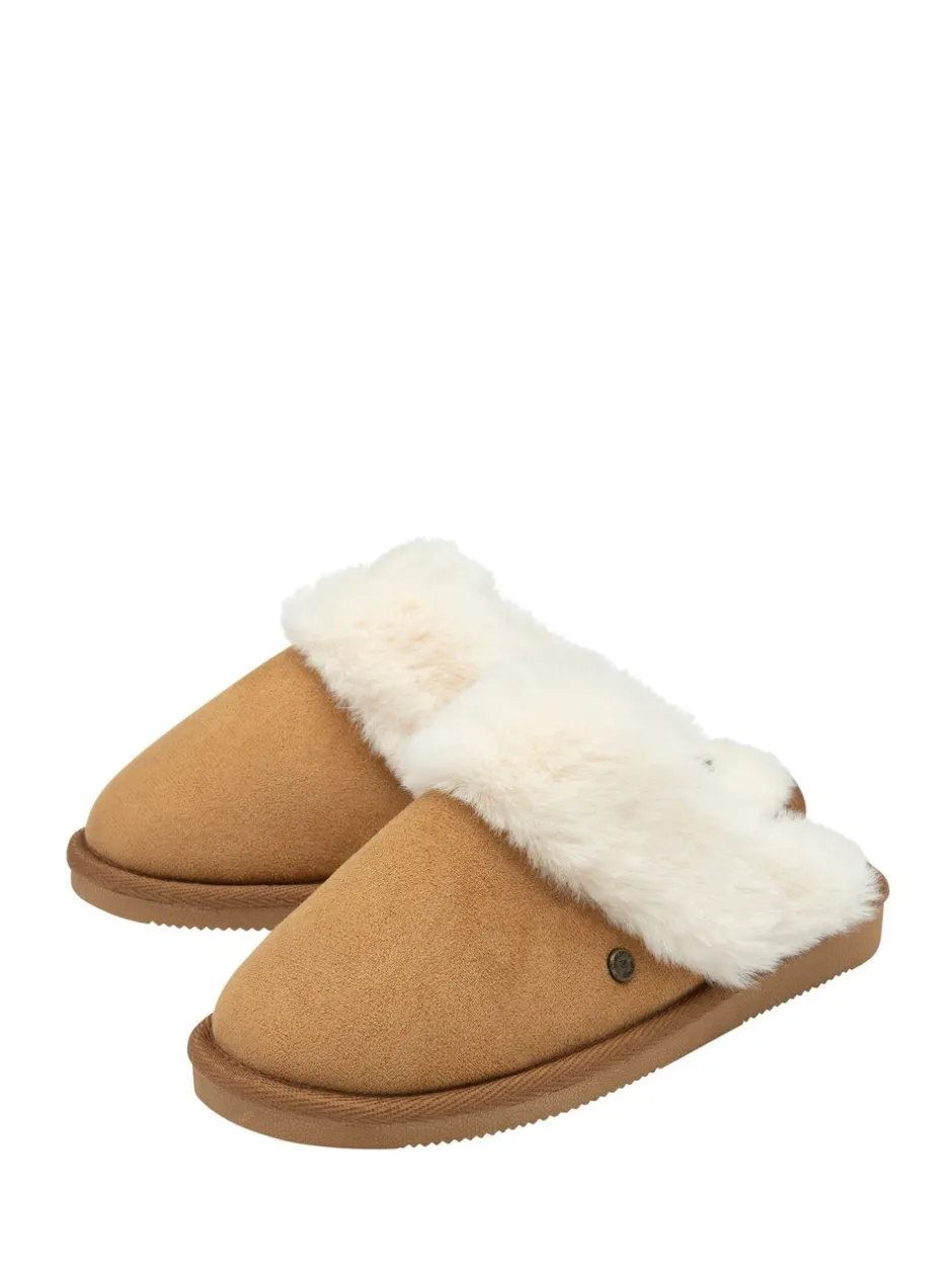 Pantoffels*Dunlop - Faux Suede Mule Slippers Fur Collar Bruin