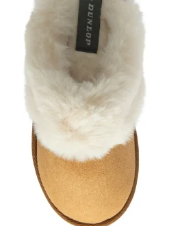 Pantoffels*Dunlop - Faux Suede Mule Slippers Fur Collar Bruin
