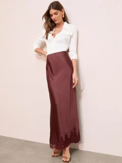 Rokken*Friends Like These - X Lucy Mecklenburgh Satijnen Maxi Rok met Kantafwerking Bruin