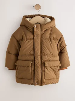 Schoolkleding|Jassen, Jacks En Kinderwagenpakjes|Next - Gewatteerde, regenbestendige jas met borgvoering (3mnd-7jr) Bruin
