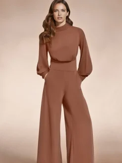 Jumpsuits En Playsuits|Hot Squash - HotSquash jumpsuit met wijde pijpen en blousonmouwen Bruin