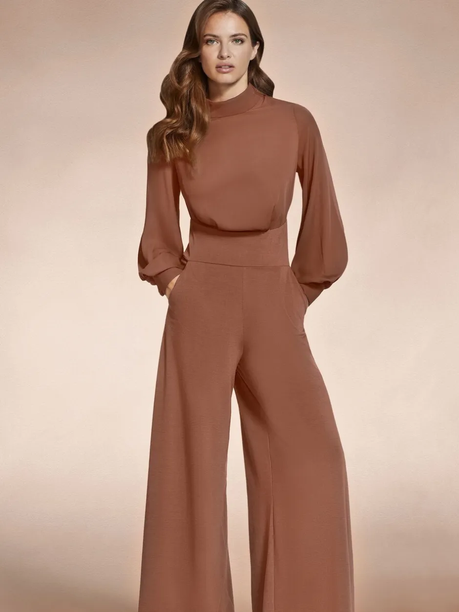 Jumpsuits En Playsuits|Hot Squash - HotSquash jumpsuit met wijde pijpen en blousonmouwen Bruin