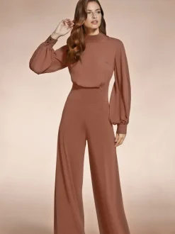 Jumpsuits En Playsuits|Hot Squash - HotSquash jumpsuit met wijde pijpen en blousonmouwen Bruin