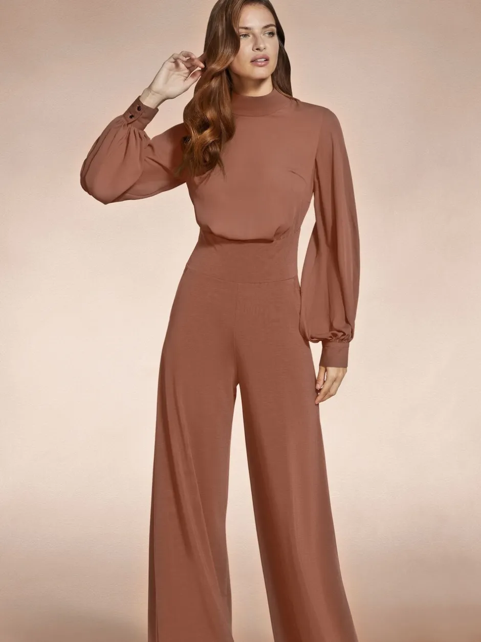 Jumpsuits En Playsuits|Hot Squash - HotSquash jumpsuit met wijde pijpen en blousonmouwen Bruin