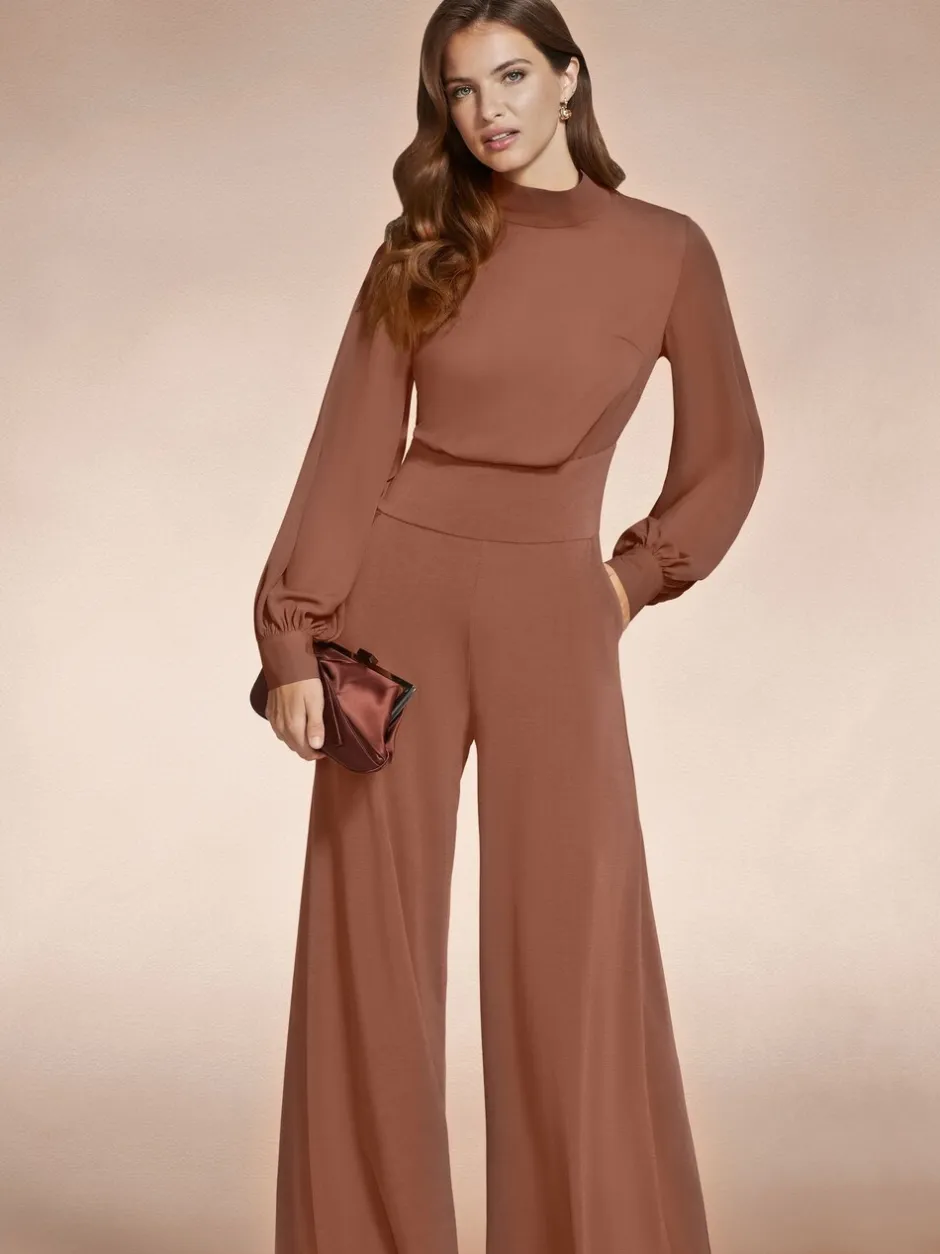 Jumpsuits En Playsuits|Hot Squash - HotSquash jumpsuit met wijde pijpen en blousonmouwen Bruin