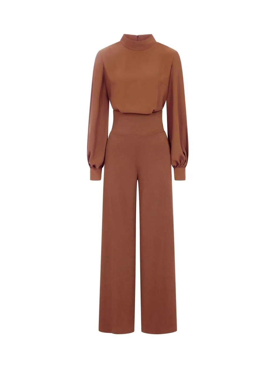Jumpsuits En Playsuits|Hot Squash - HotSquash jumpsuit met wijde pijpen en blousonmouwen Bruin