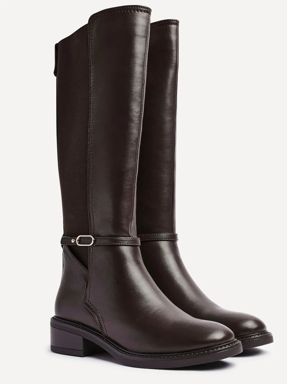 Boots|Linzi - Power High Leg Boots With Stretch Side Panel and Buckle Detail Bruin