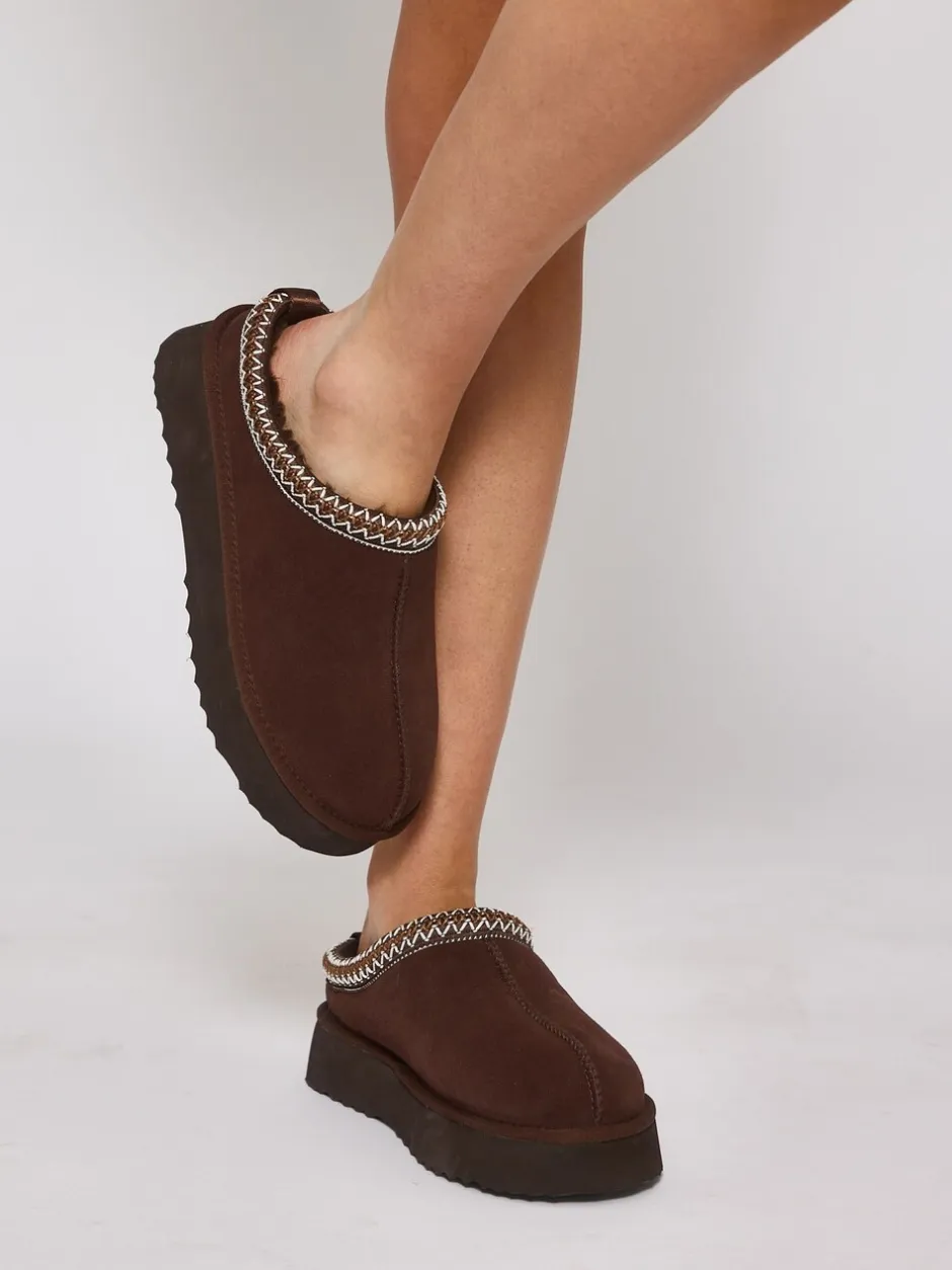 Pantoffels*Loungeable - Platform Real Sheepskin Lined Braided Mules Bruin