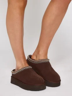 Pantoffels*Loungeable - Platform Real Sheepskin Lined Braided Mules Bruin