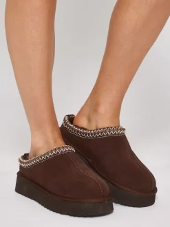 Pantoffels*Loungeable - Platform Real Sheepskin Lined Braided Mules Bruin
