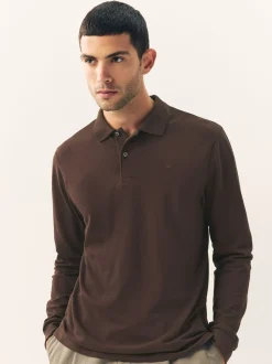 Poloshirts|T-Shirts En Hemden|Next Bruin - Normale Pasvorm - Piqué polo met lange mouwen