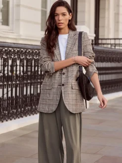 Kostuums En Werkkleding|Next Bruin - N.Premium Check Linen Rich Single Breasted Blazer