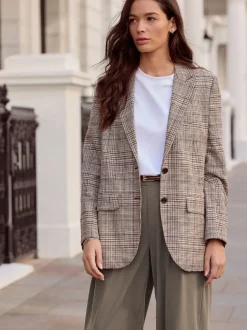Kostuums En Werkkleding|Next Bruin - N.Premium Check Linen Rich Single Breasted Blazer