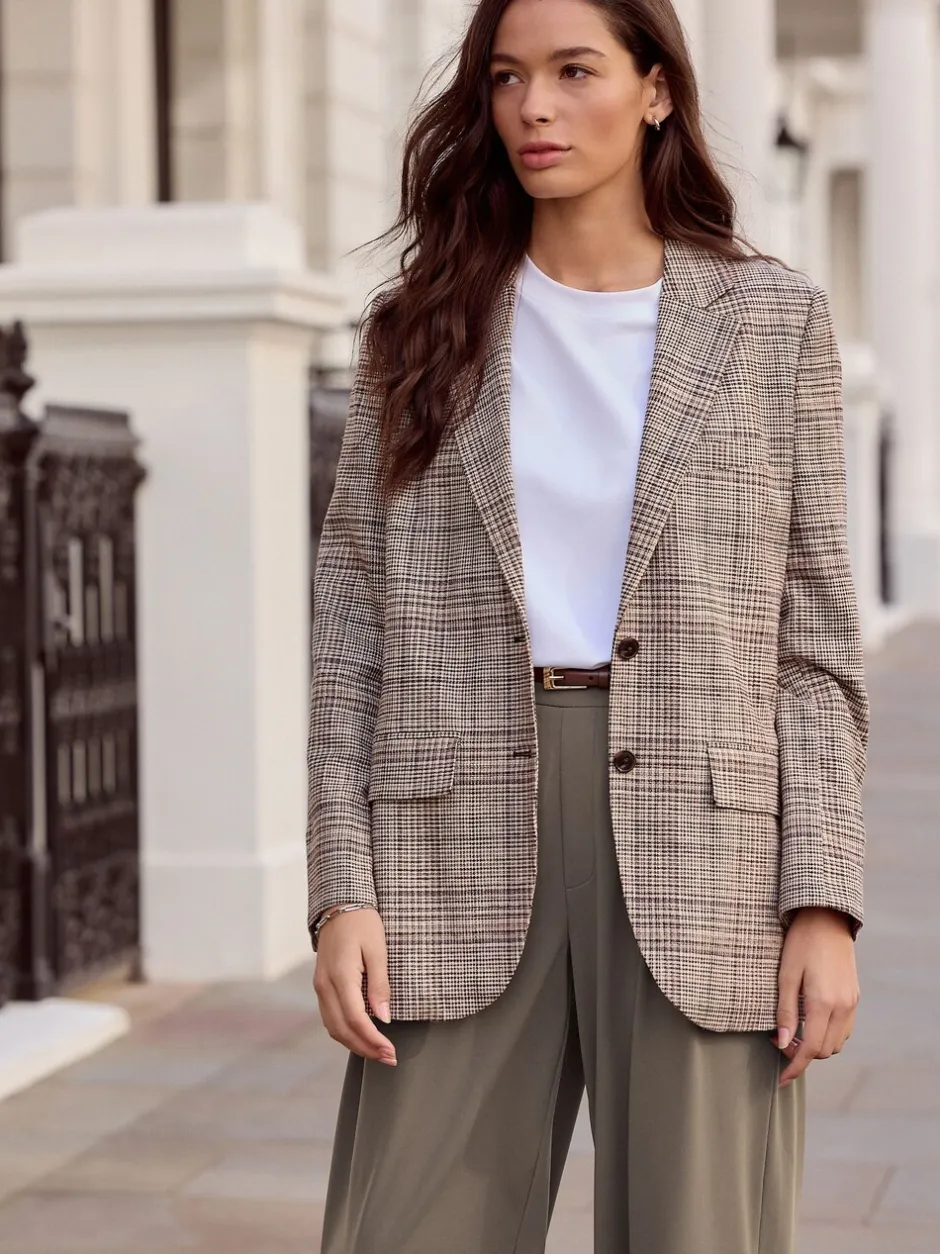 Kostuums En Werkkleding|Next Bruin - N.Premium Check Linen Rich Single Breasted Blazer