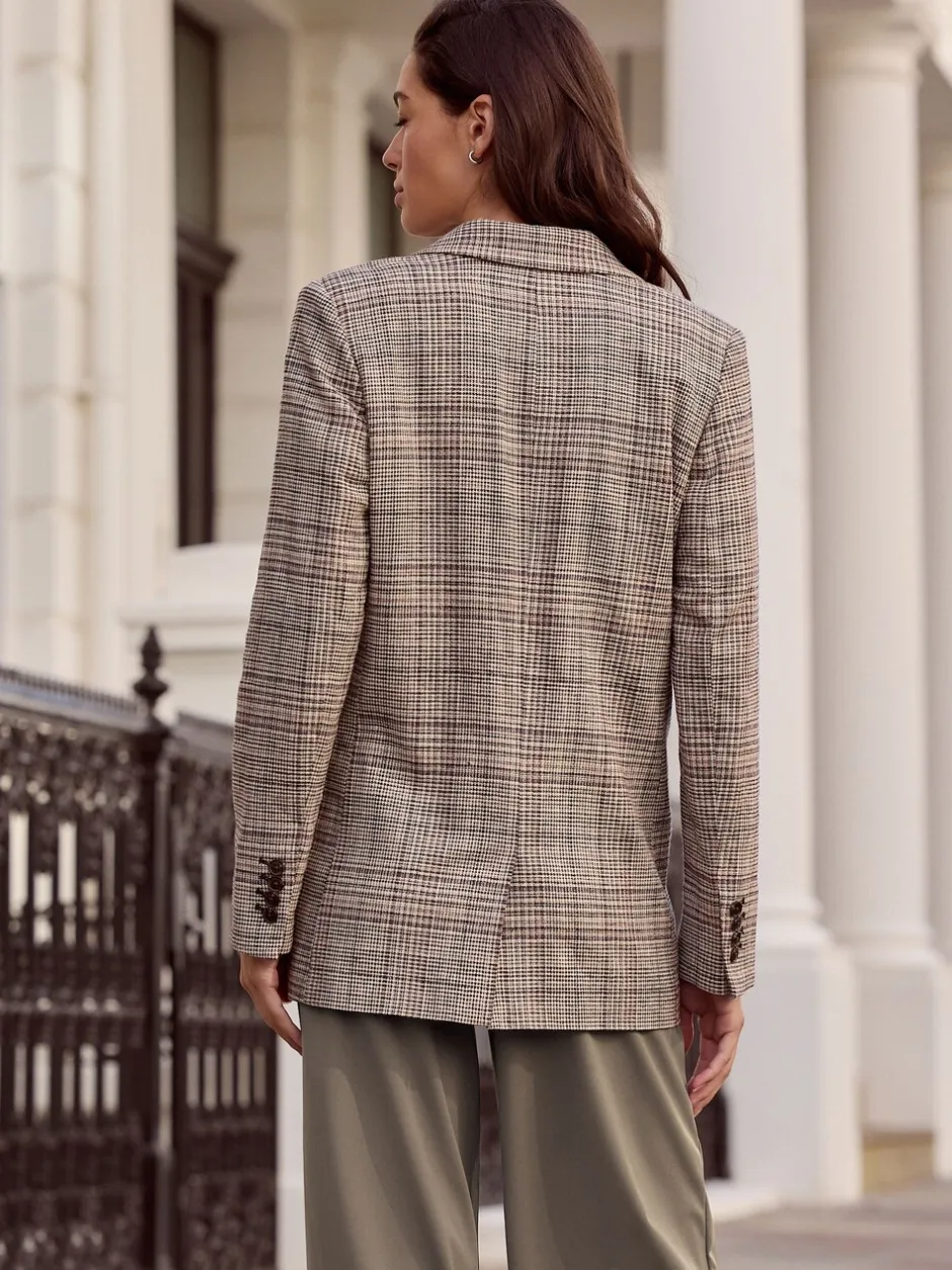 Kostuums En Werkkleding|Next Bruin - N.Premium Check Linen Rich Single Breasted Blazer