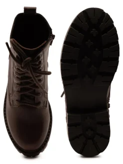 Boots*Off The Hook - Nala Chunky Leather Lace-Up Combat Ankle Boots Bruin