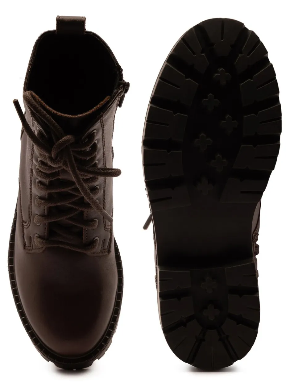 Boots*Off The Hook - Nala Chunky Leather Lace-Up Combat Ankle Boots Bruin