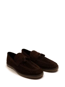 Schoenen|Off The Hook - Tiger Tassel Suede Leather Slip-On Loafers with Woven Detail Bruin