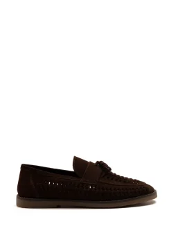 Schoenen|Off The Hook - Tiger Tassel Suede Leather Slip-On Loafers with Woven Detail Bruin