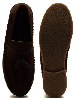 Schoenen|Off The Hook - Tiger Tassel Suede Leather Slip-On Loafers with Woven Detail Bruin