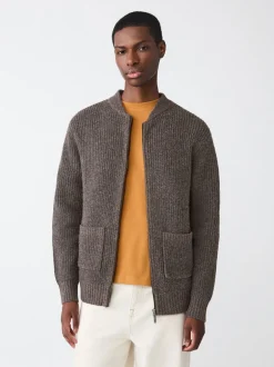 Gebreide Kleding|Next - Rib Texture Zip Through Cardigan with Wool Bruin