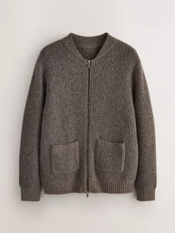 Gebreide Kleding|Next - Rib Texture Zip Through Cardigan with Wool Bruin